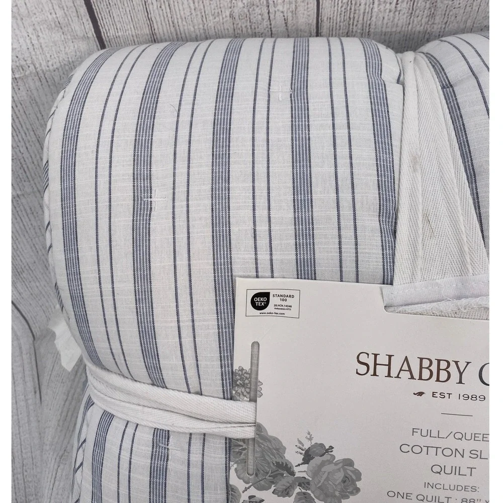 Shabby Chic Quilt Full/Queen Blue White Cotton Slub Ticking Stripe Farmhouse